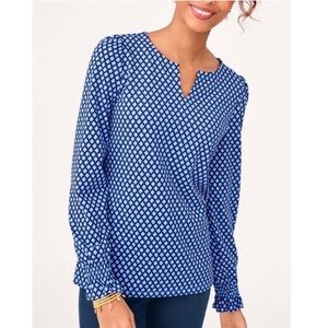 Talbots Smocked Cuff Blouse Trellis Print in Blue, Plus Size 3X NEW w/o Tag